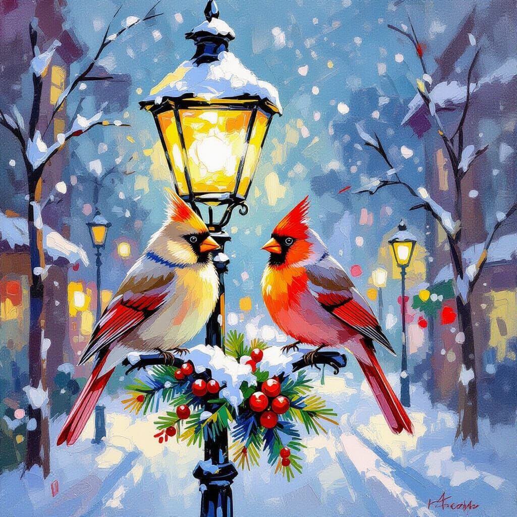 Festive Cardinals on Lamp Post in Snow - Watercolor Impasto