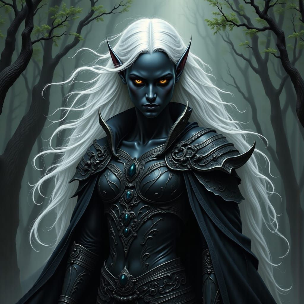 Obsidian Drow Elf with Flowing White Hair