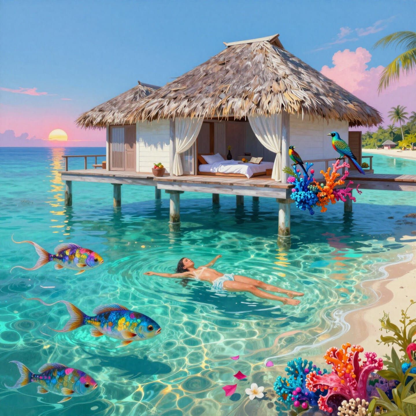 Bioluminescent Tropical Lagoon Oil Painting