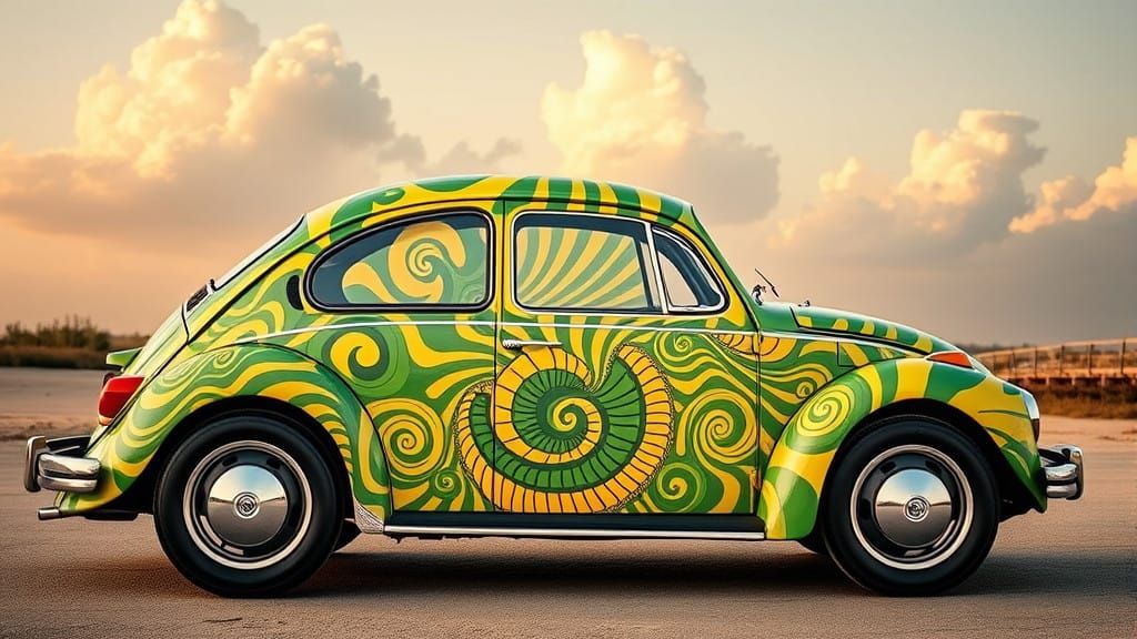 Psychedelic Volkswagen Beetle in Vibrant Green and Yellow