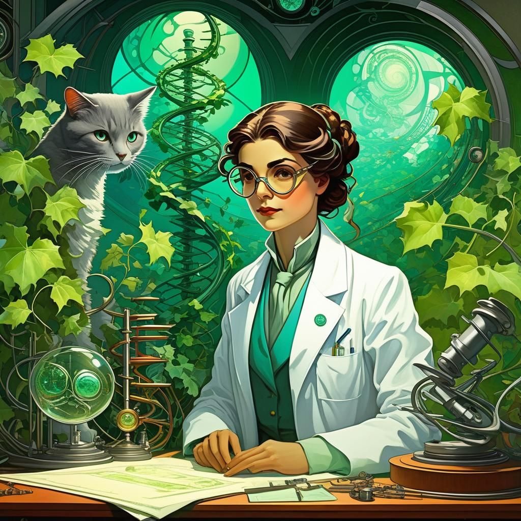 Female Scientist with Cat in Art Nouveau Cel-Shading