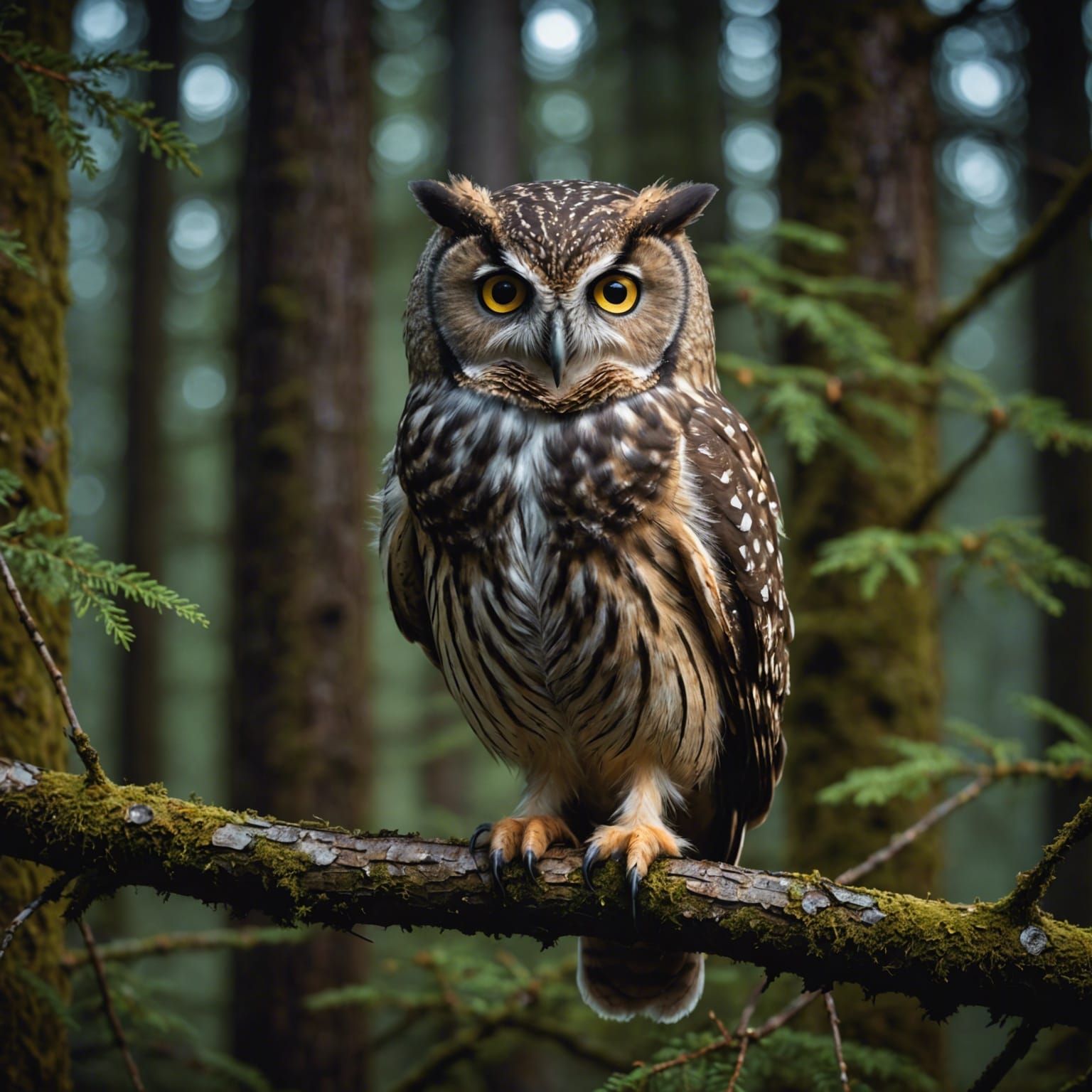 Photo of young owl sitting on a branch in a dark Pacific Nor...