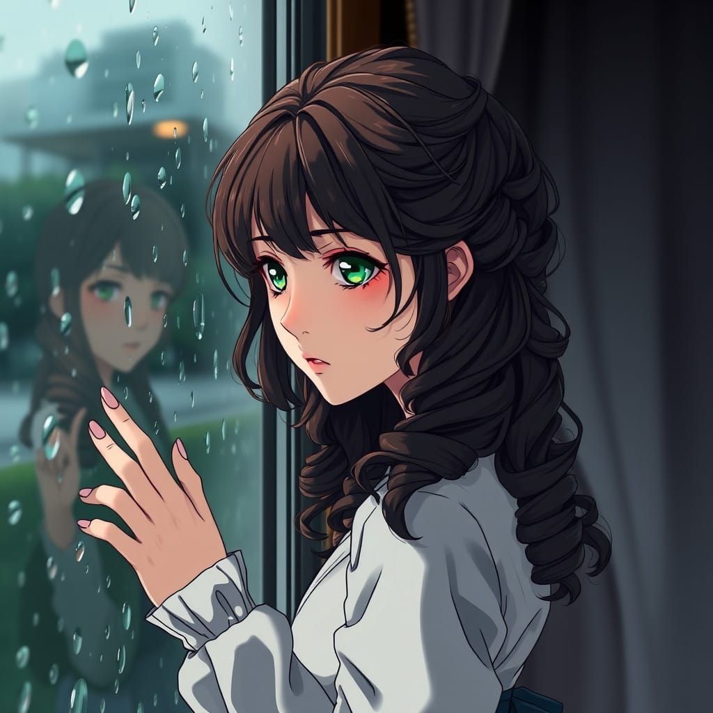 Anime Woman Contemplates Life in Rainy Cityscape