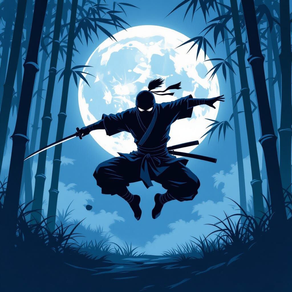 Stealthy Ninja Leap in Moonlit Bamboo Forest