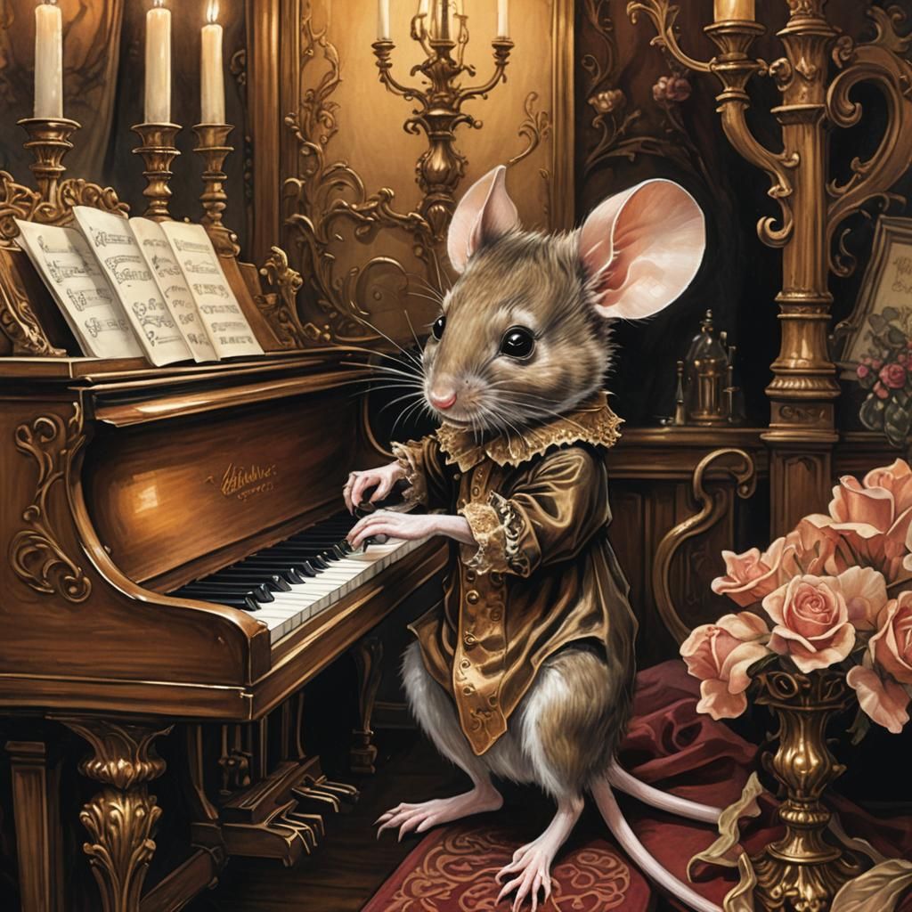 Mouse Plays Piano in Victorian Parlour, Whimsical Art