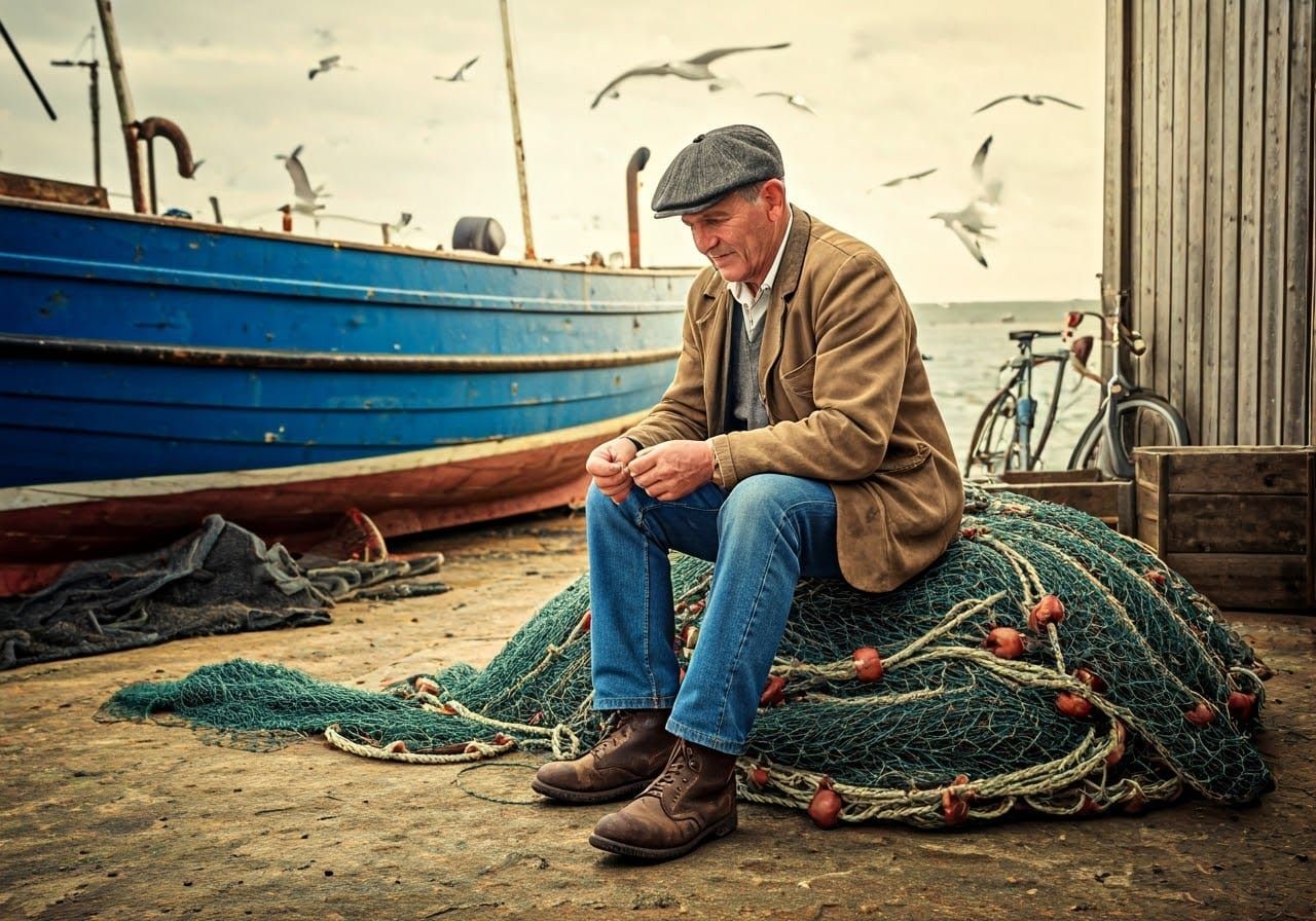Rustic Fisherman Seated on Fishing Nets in Maritime Setting