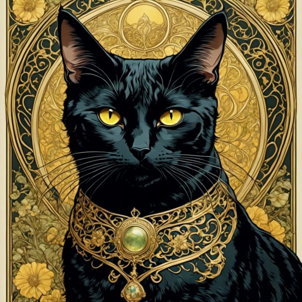 Art Nouveau Black Cat with Yellow Eyes