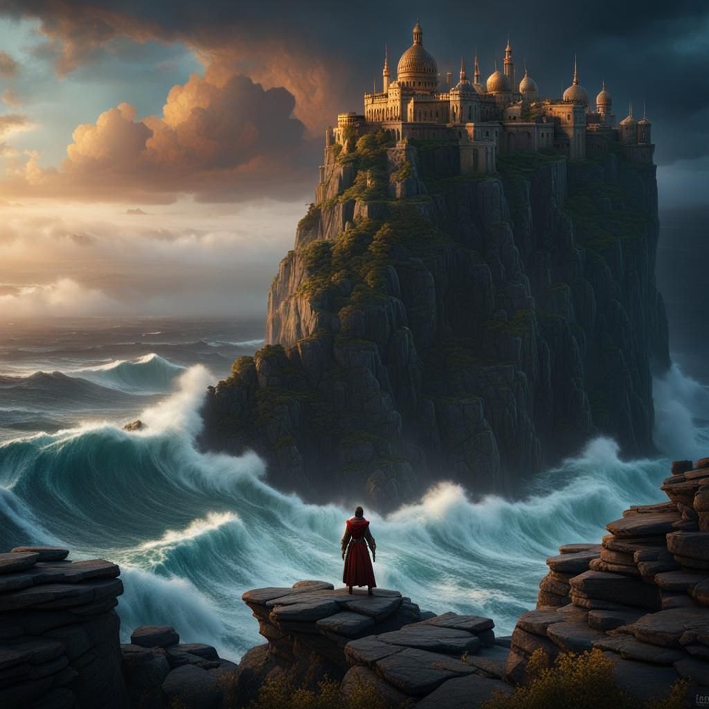 Aqrabuamelu Overlooking Stormy Sea: Fantasy Concept Art