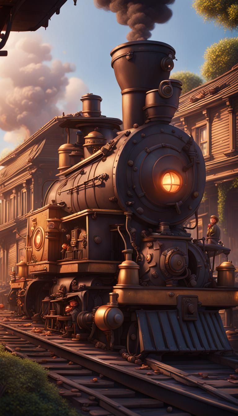 Train Crashing Coffee Shop with Straw Hats: Pixar Style