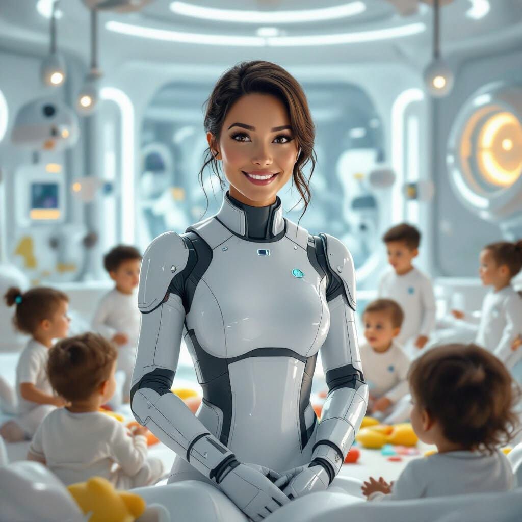 Futuristic AI Caregiver in Nursery, Digital Art Style