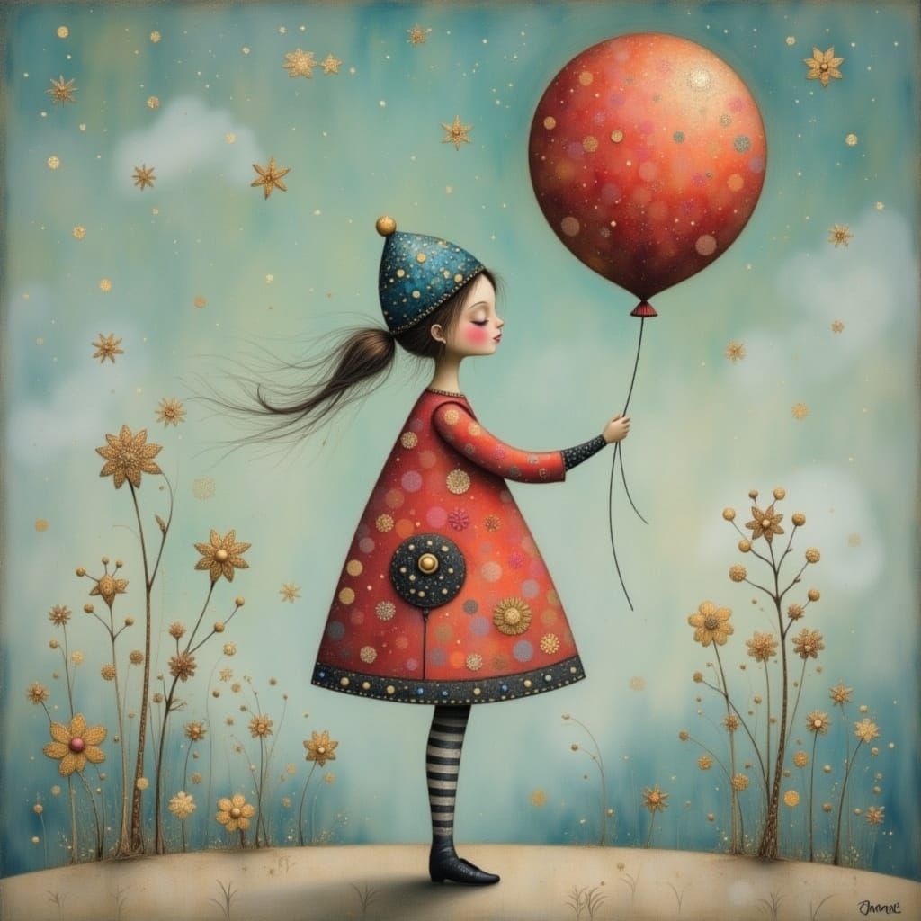 Girl in Whimsical Scene with Balloon in Muted Pastel Colors