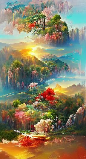 Lush Forest Sunrise Landscape Painting