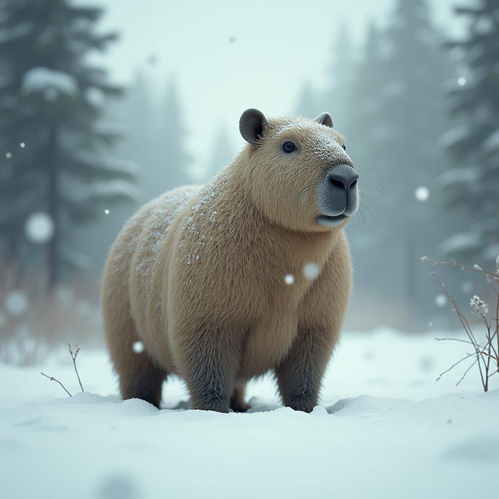 Capybara in Winter Landscape with Snow