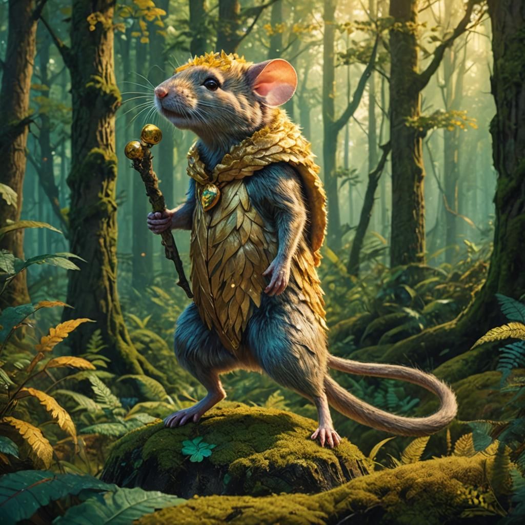 Golden Mouse in Lush Forest, Fantasy Art