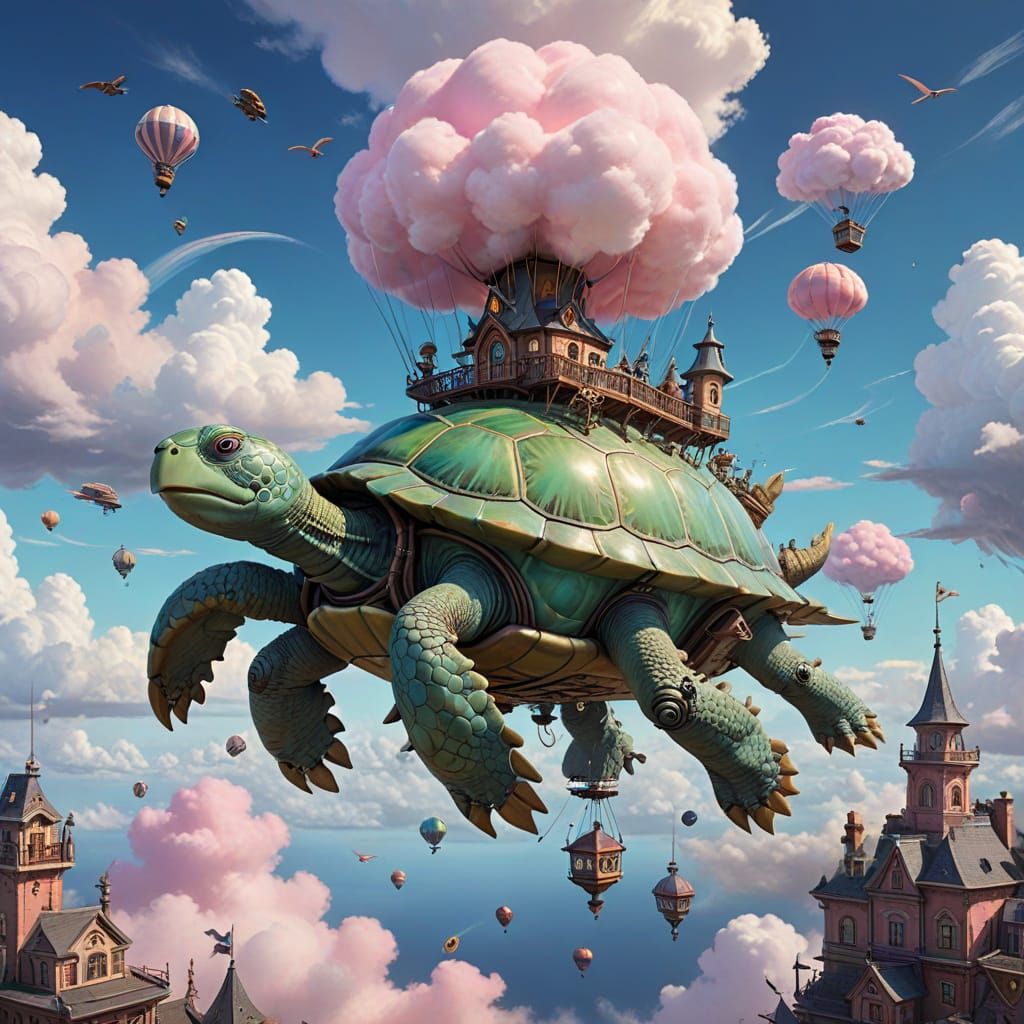 A Six-legged Turtle-shaped Airship carrying a Victorian Hous...