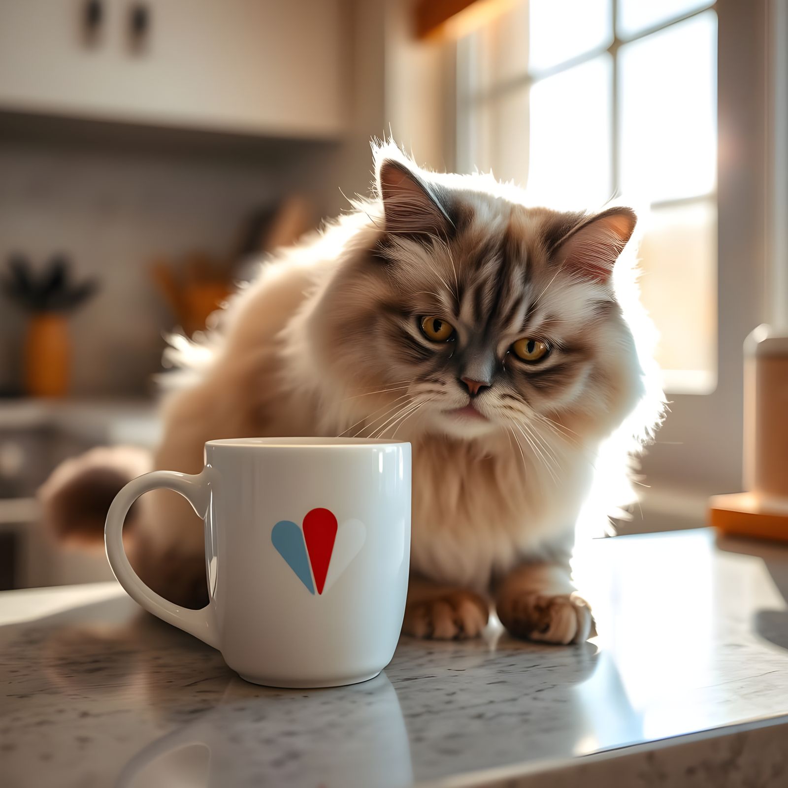 Blue Point Persian Cat Laps Up Coffee in Sunny Kitchen