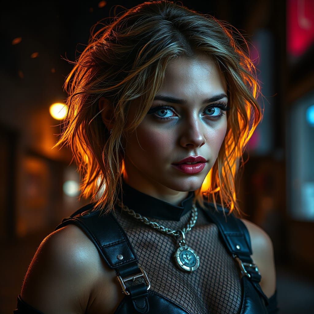 Woman in Amber Backlight, Cyberpunk Portrait