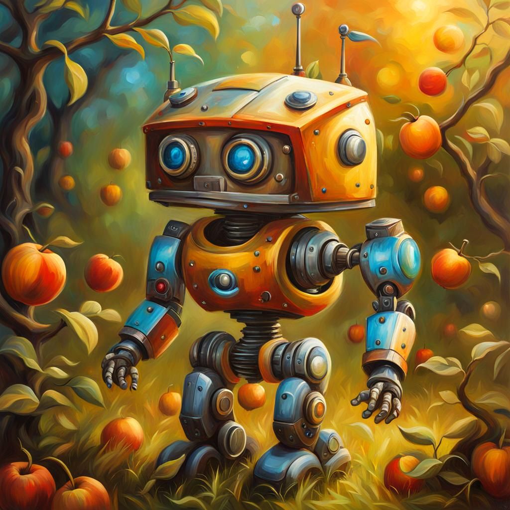 Chibi Robot in Orchard, Renaissance Style