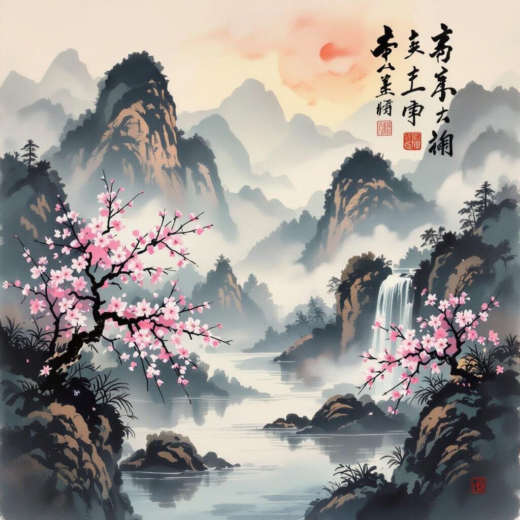 Serene Chinese Landscape with Calligraphy