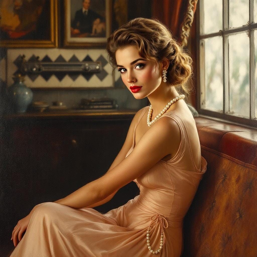 Elegant Woman in 1950s Oil Painting Style