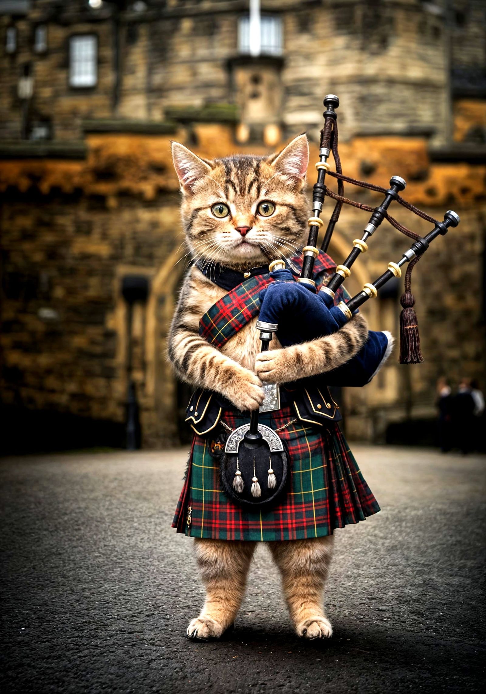 Whimsical Kitten Plays Bagpipes in Edinburgh Castle