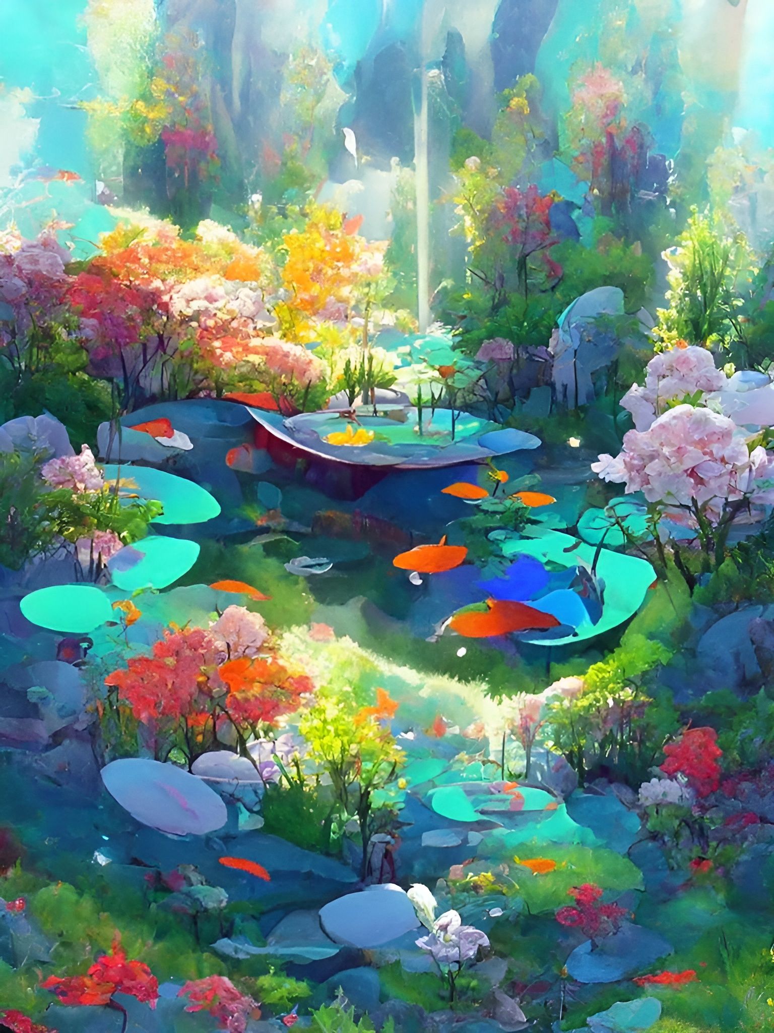 Large cozy park with tons of flowers, trees and a beautiful blue pond full of koi fish