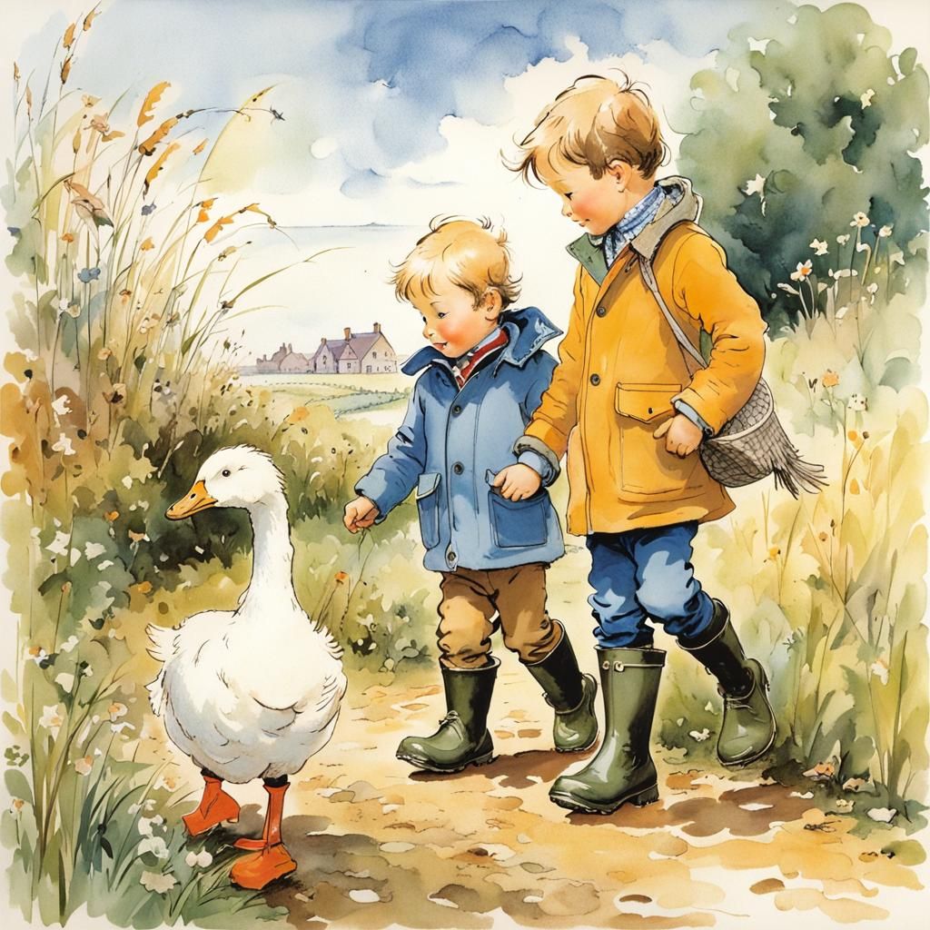 Boy and Goose Walk, Children's Book Illustration