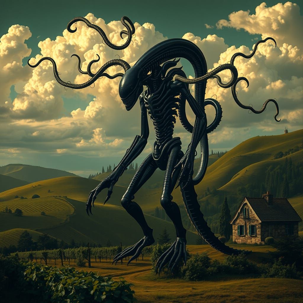Biomechanical Xenomorph Amidst Haunting Vineyard Landscape