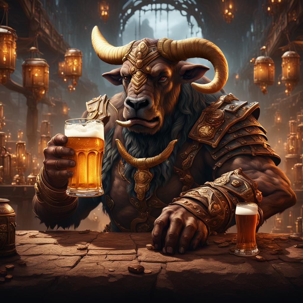 Detailed Matte Painting: Minotaur Drinking Beer