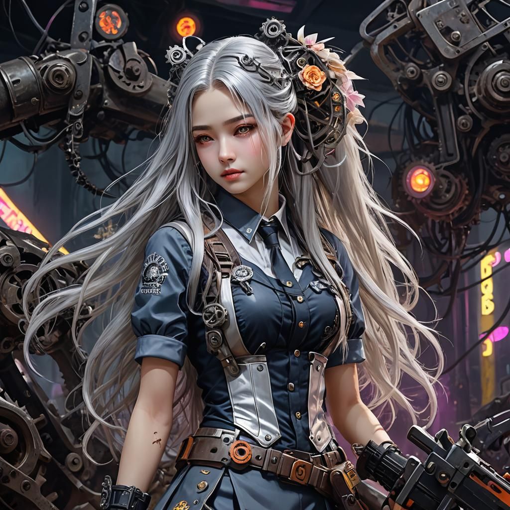 Cyborg Schoolgirl with Chainsaw in Anime Style