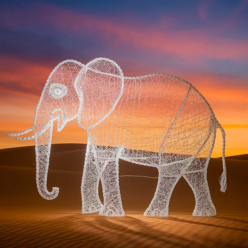Ethereal Silk Elephant against Sunset Dunes