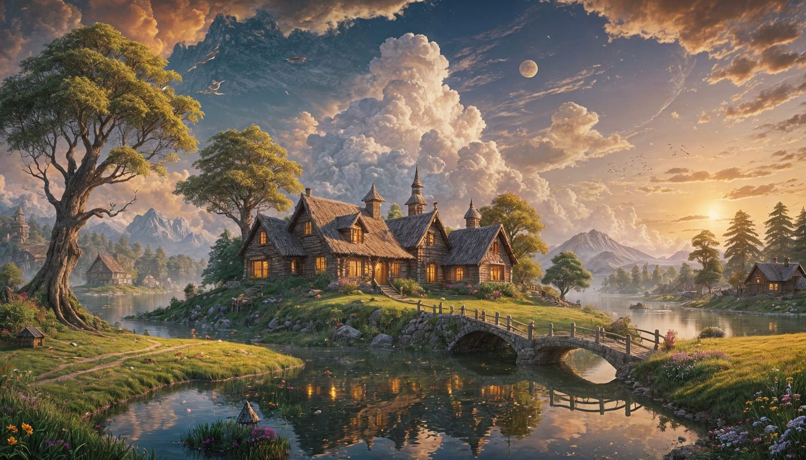 Enchanted Cloud Cityscape with Organic Bridges and Rustic Ho...