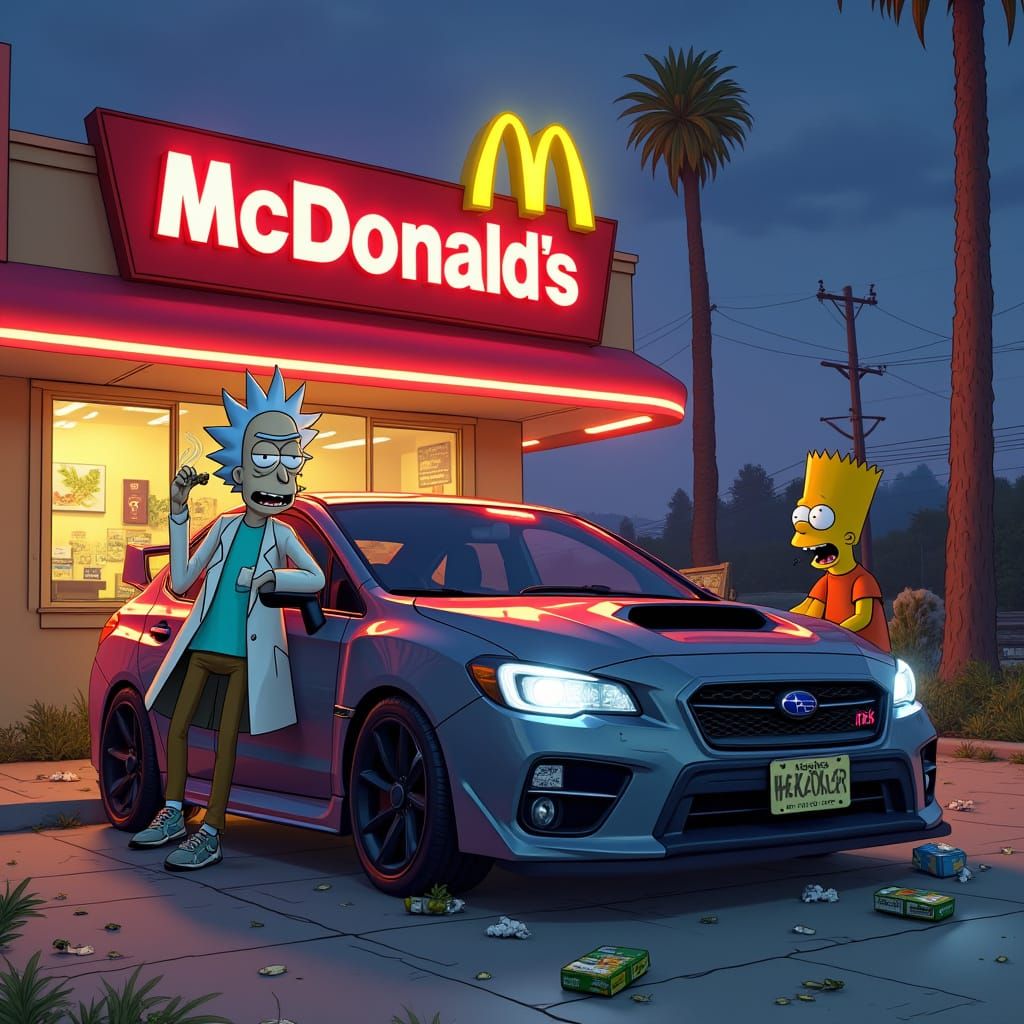 Rick and Morty Meet Bart Simpson at a Neon McDonald's