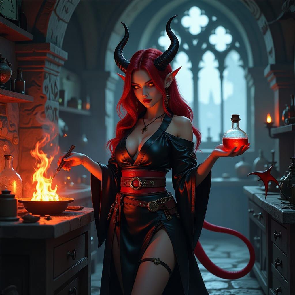 Tiefling Alchemist Mixing Explosive Concoctions