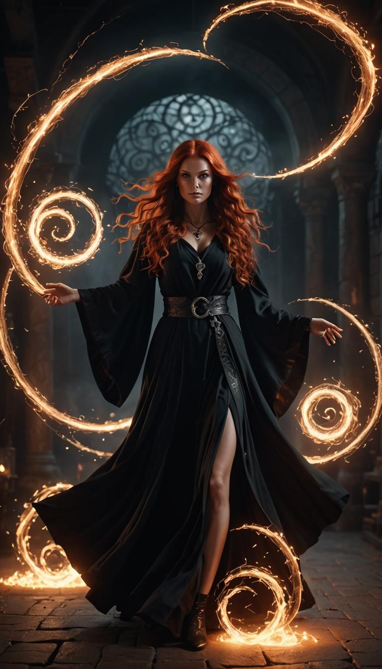 A beautiful witch with long red hair uses her magic