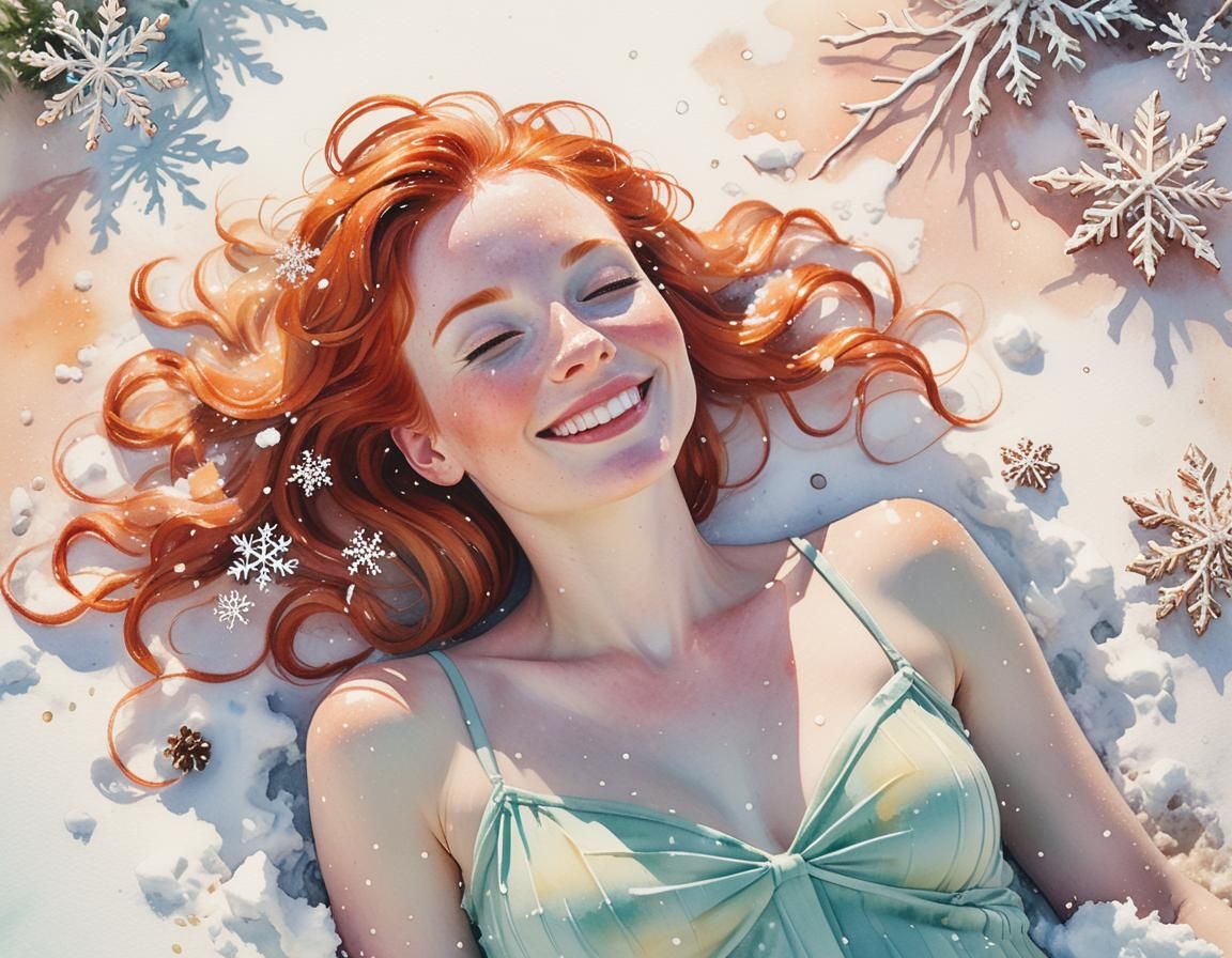 Redhead Sunbathing in Snow: Impressionist Watercolor