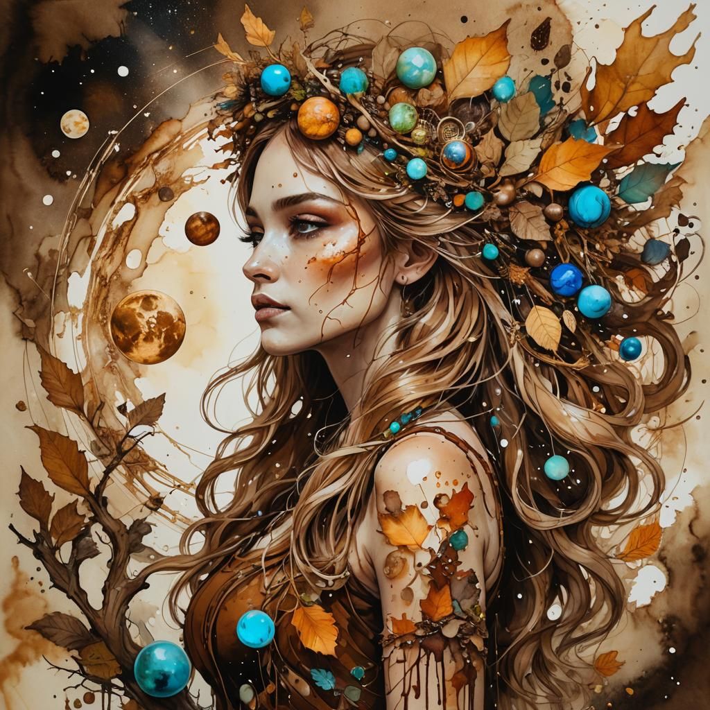 Fantasy Woman with Squirrel in Alcohol Ink Style