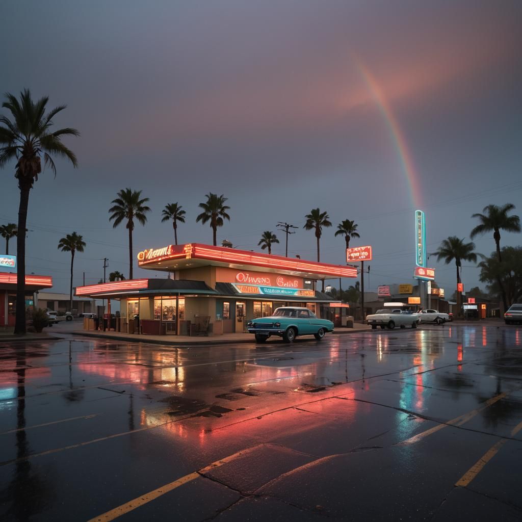 Night Desert Highway Diner in Cinematic Style