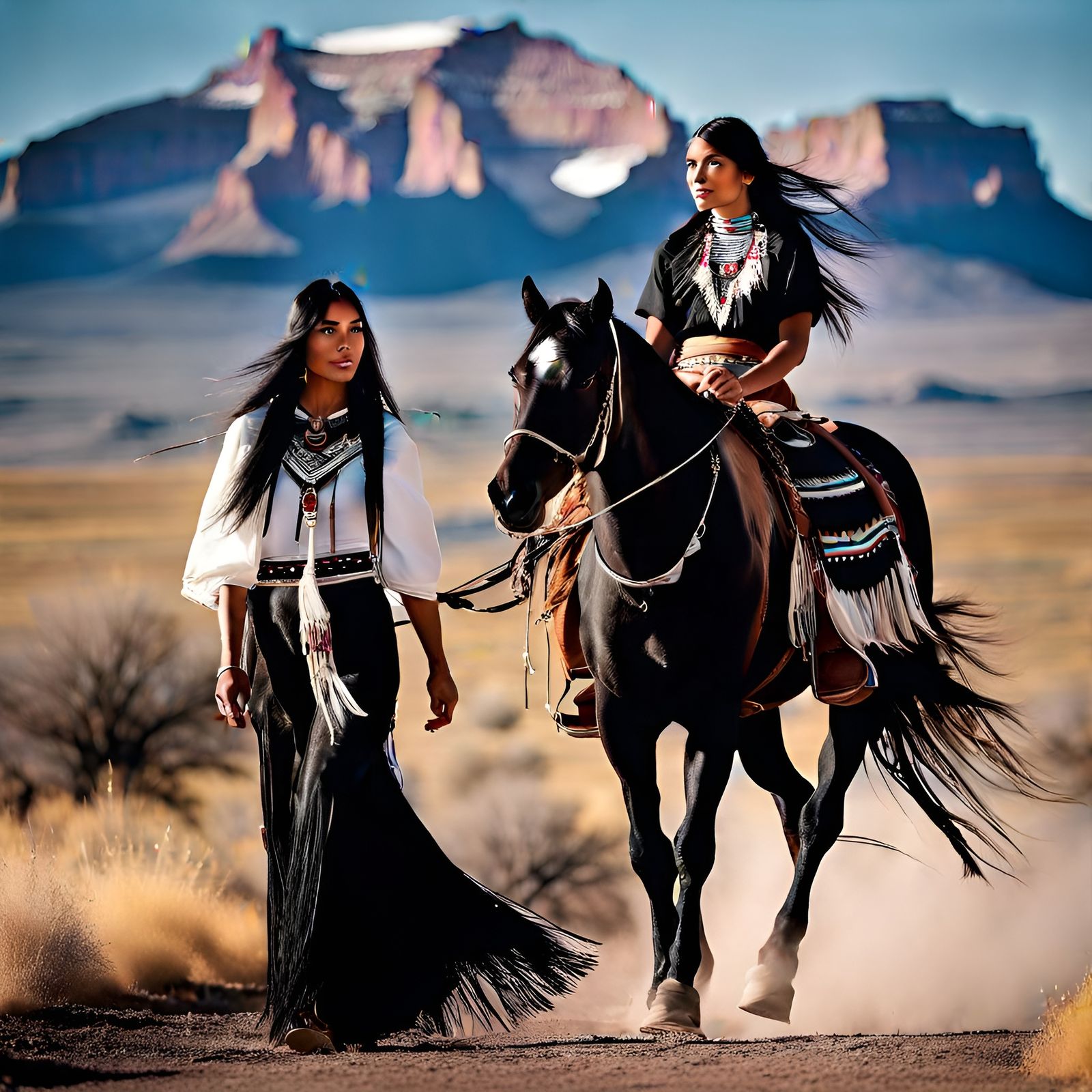 Navajo Girl and Mustang Horse with Mountain Backdrop