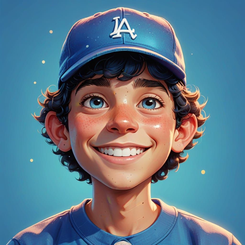 Young Boy in Blue Hat Portrait in Whimsical Cartoon Style
