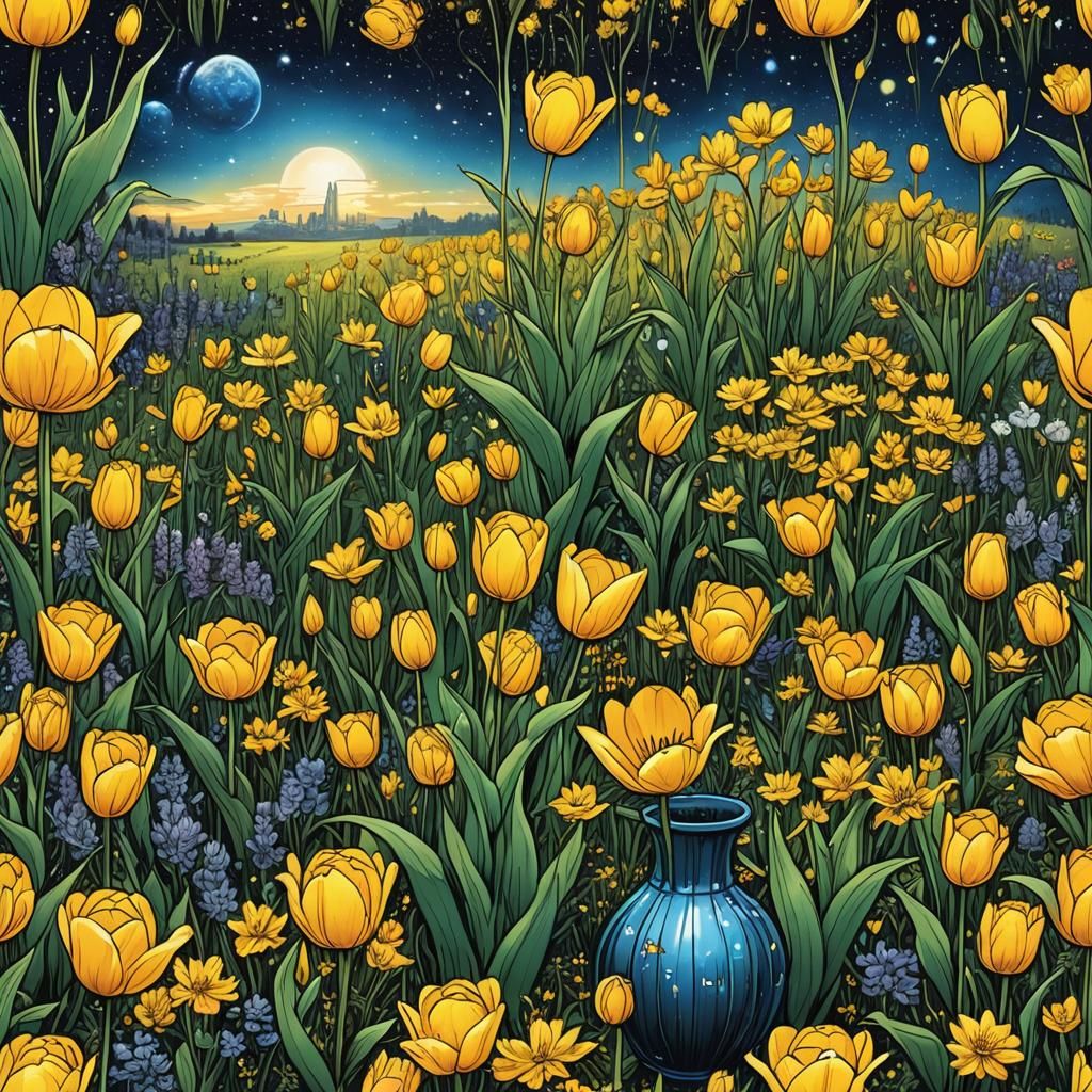 Galaxy Tulip in Spring Meadow: Comic Book Art
