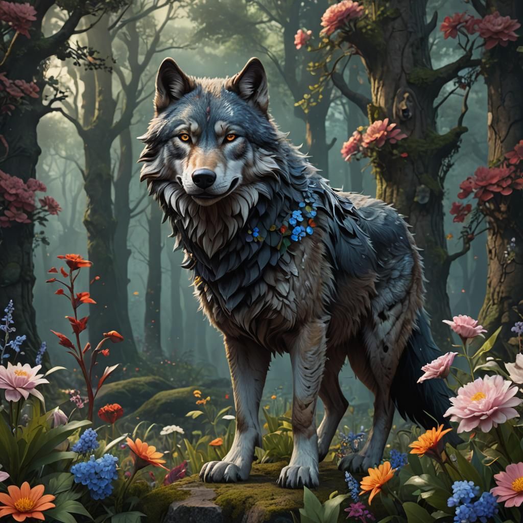 Wolf with Floral Adornments in Fantasy Forest