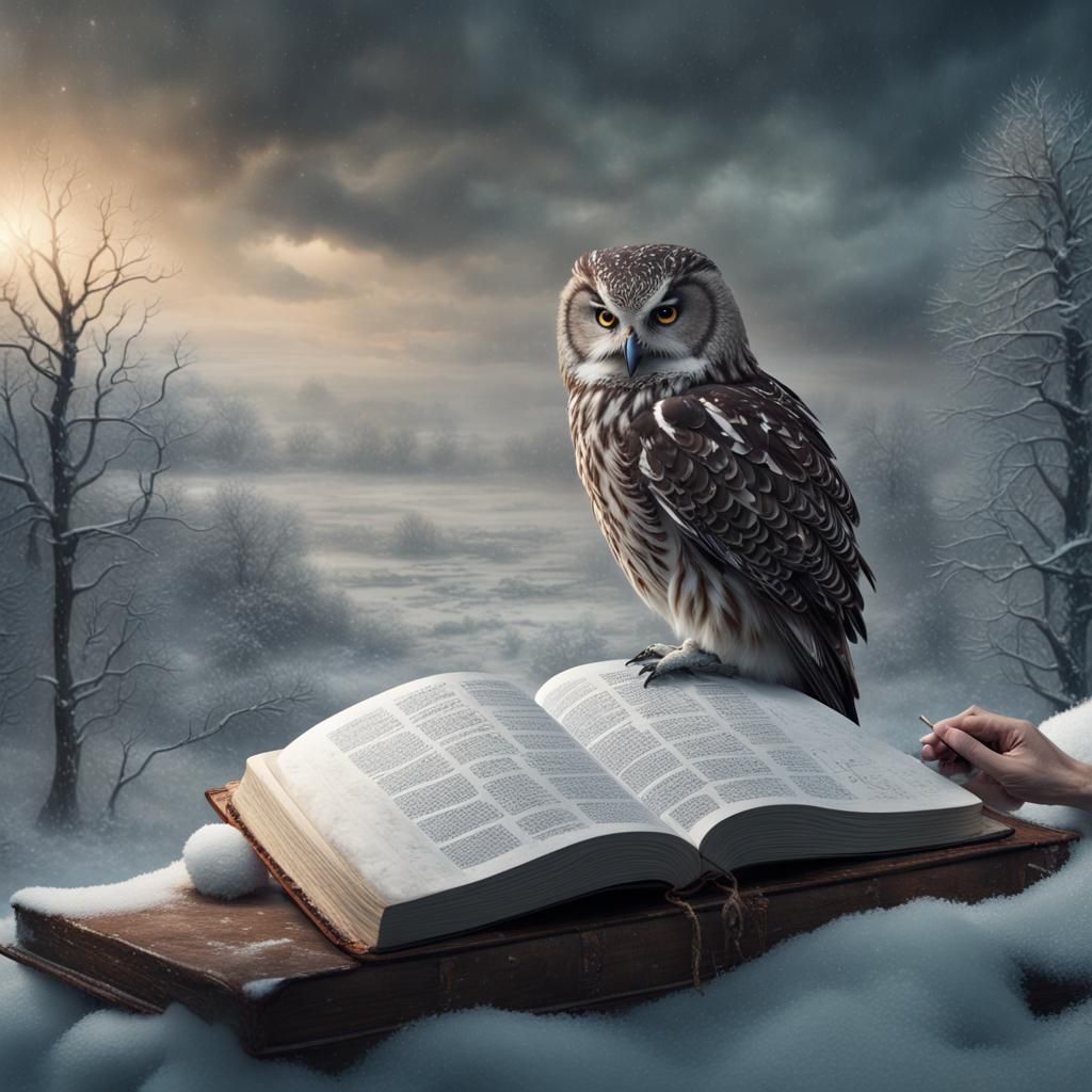 Owl Stencil with Man Writing in Snowy Landscape