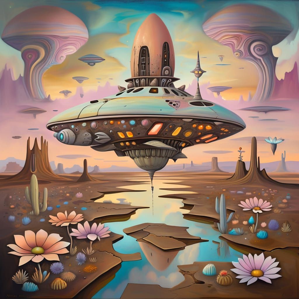Surreal Desert Landscape With Giant Flowers And Spaceship