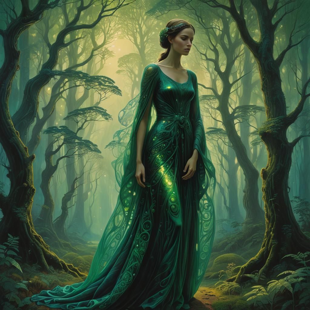 Woman in Enchanted Forest Gown, Hyperrealistic Fantasy Art