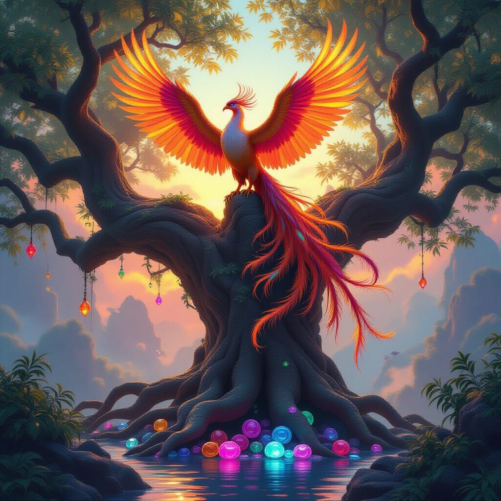 Majestic Phoenix On Ancient Gemstone Tree