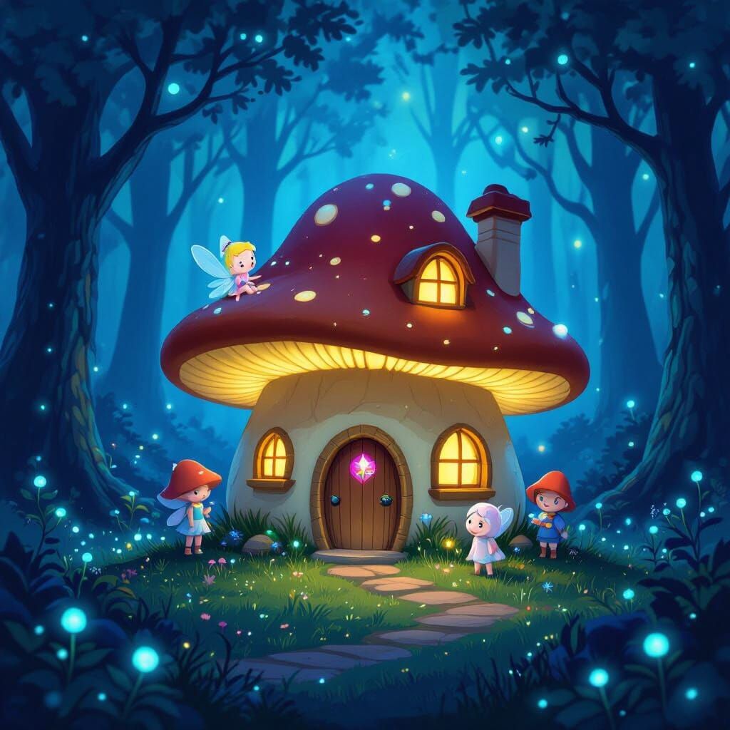 Enchanted Bioluminescent Forest with Fairy Mushroom House