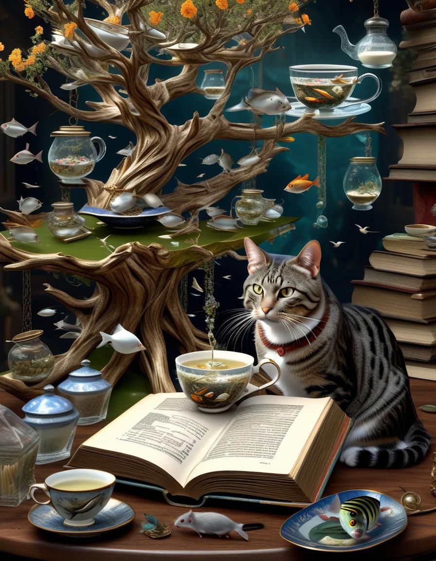 Cat Reads Mouse Teacup Book in Whimsical Fantasy