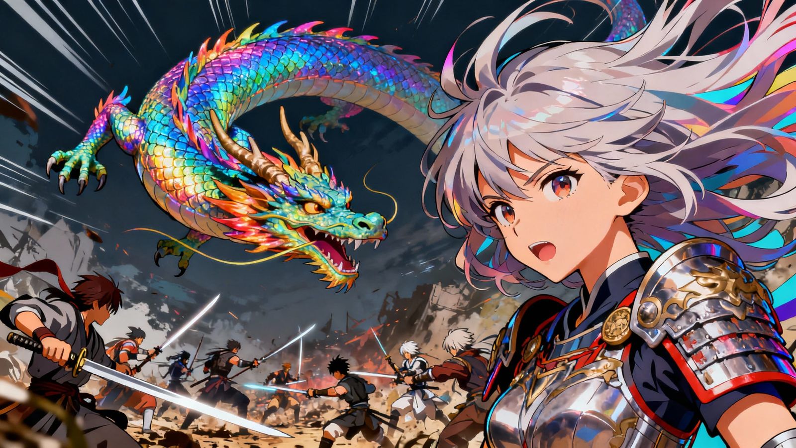 Iridescent Dragon & Anime Warrior in Epic Battlefield