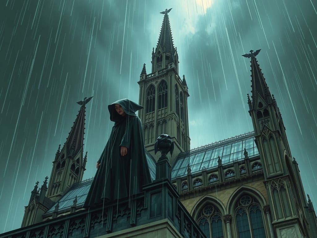 Woman in Cloak on Gothic Cathedral in Rain